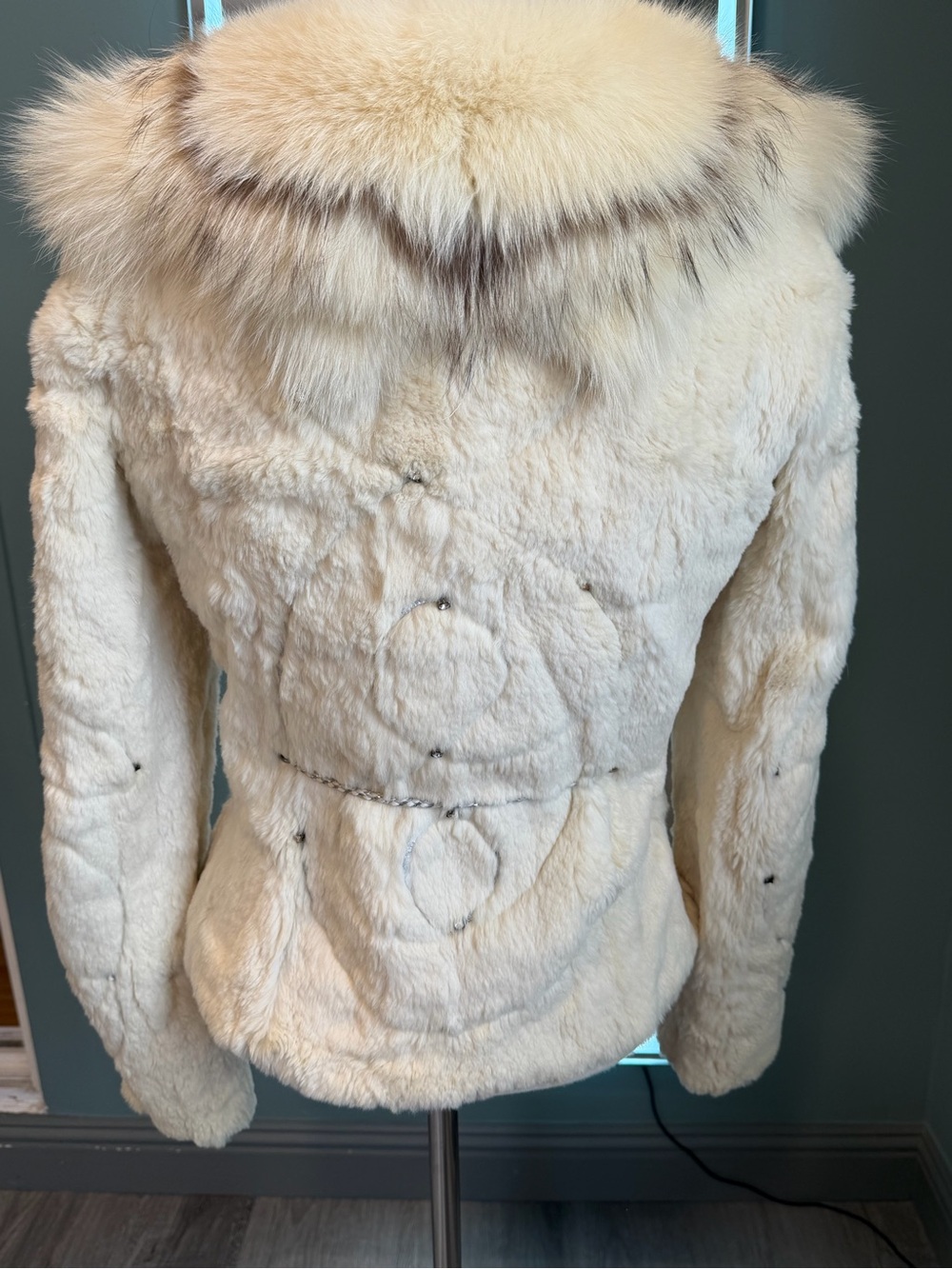 Vintage White Rabbit Fur Jacket Fox Fur Collar Y2K XS S - Picture 2 of 12